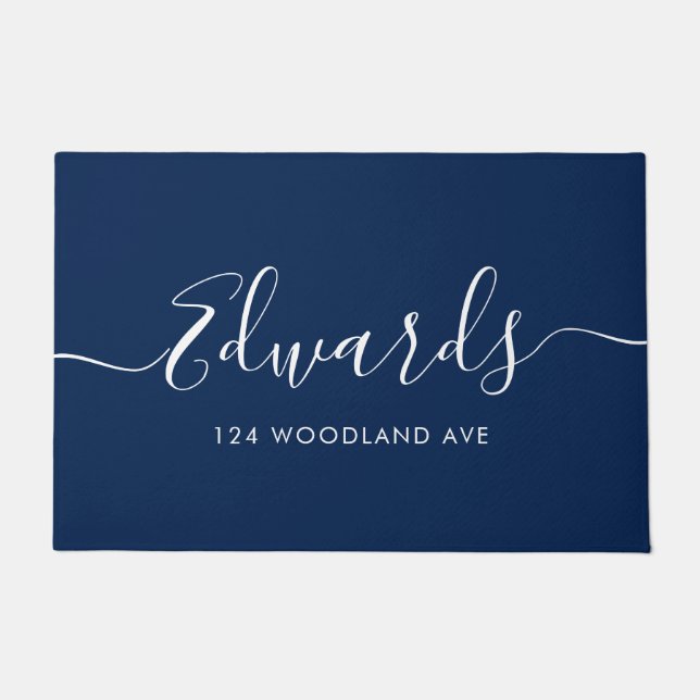 Blue Modern Script Personalisiert Doormat Fußmatte (Vorderseite)