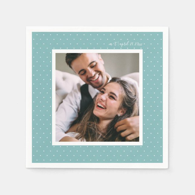 Blue Modern Script und Chic Dots Wedding Foto Serviette (Vorderseite)