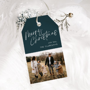 Blue Modern Simple Script Foto Frohe Weihnachten Geschenkanhänger
