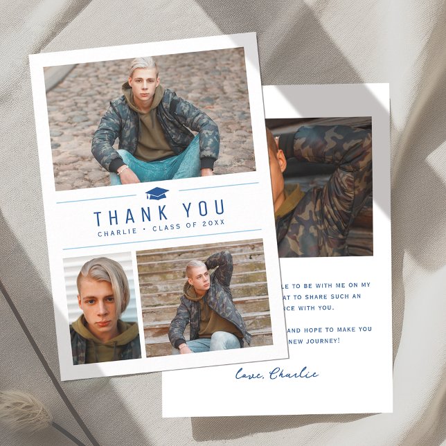 Blue Modern Simple Typografy 4 Foto Abschluss Dankeskarte (Blue Modern Simple Typography 4 Photo Graduation Thank You Card)