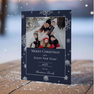Blue Modern Snowflakes Flat Holiday Foto Card Feiertagskarte