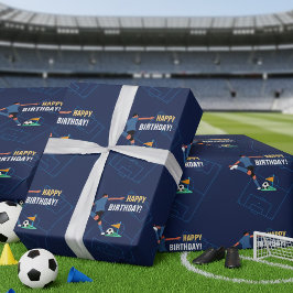 Blue Modern Soccer Happy Birthday Party Geschenkpapier