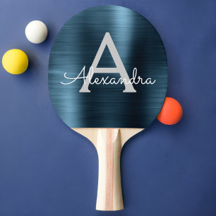 Blue Modern Sports Metallic Foil Monogram Tischtennis Schläger