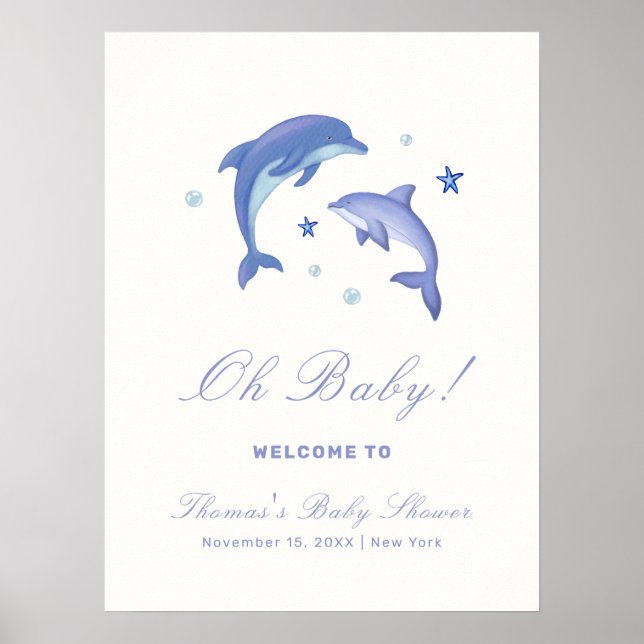 Blue Modern Summer Dolphin Baby Dusche Willkommen Poster (Vorne)