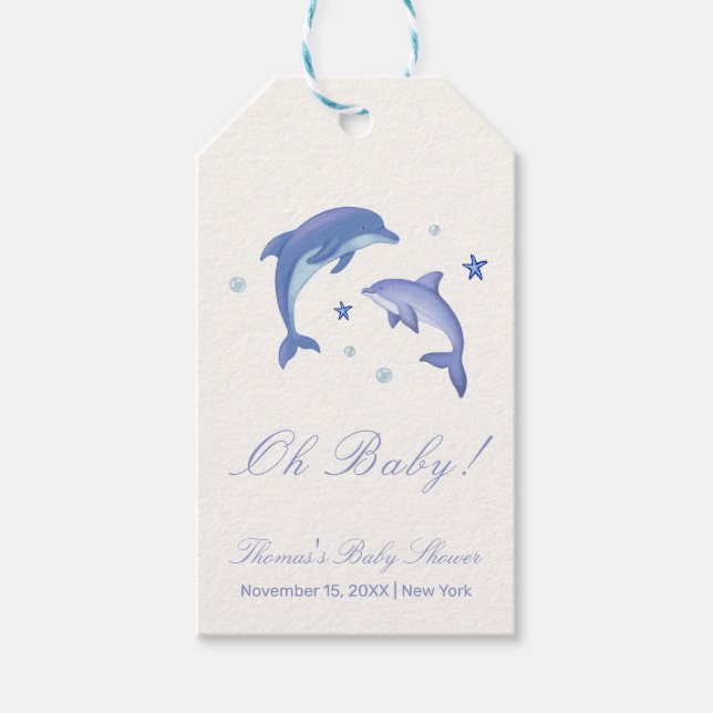 Blue Modern Summer Dolphin Stars Baby Dusche Geschenkanhänger (Vorderseite)
