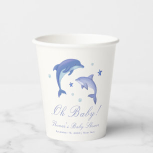 Blue Modern Summer Dolphin Stars Baby Dusche Pappbecher