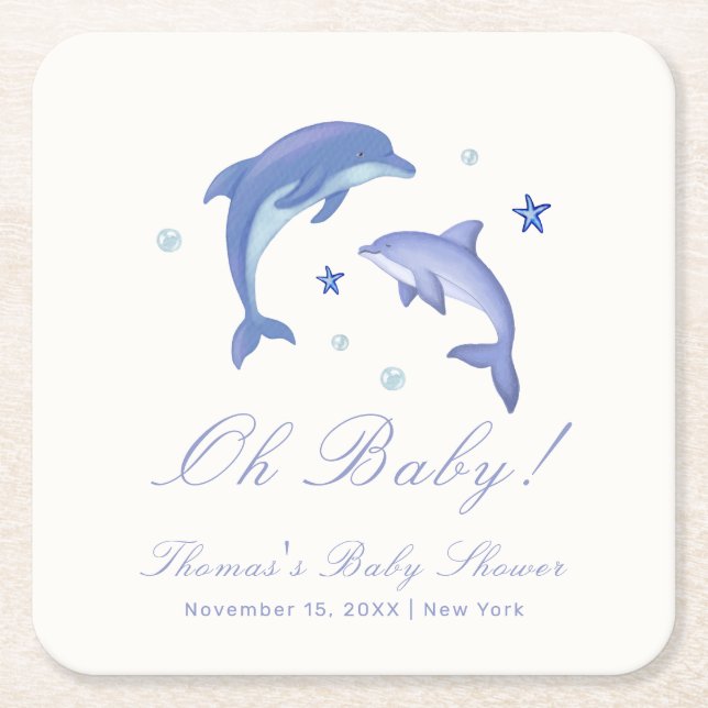 Blue Modern Summer Dolphin Stars Baby Dusche Rechteckiger Pappuntersetzer (Vorderseite)