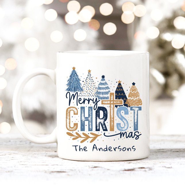 Blue Modern Trees Christ Frohe Weihnachtsnamen Kaffeetasse (Blue Modern Trees Christ Merry Christmas Name Coffee Mug)