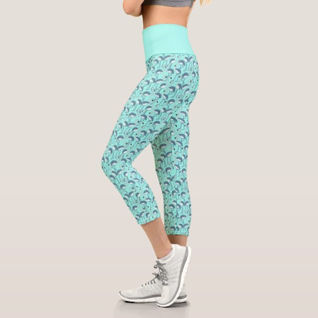 Blue Modern Tropical Flamingo Pattern Capri Leggings (Links)