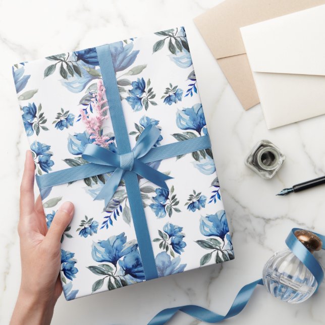 Blue Modern Watercolor Abstrakte Blume Art Geschenkpapier (Schenken)