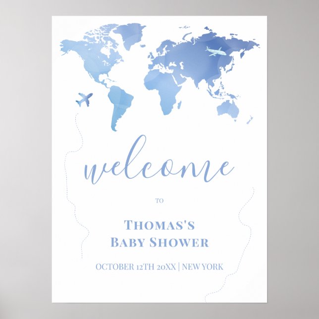 Blue Modern World Map Travel Baby Dusche Willkomme Poster (Vorne)