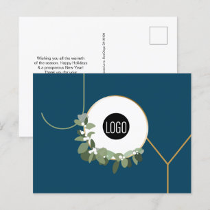 Blue Modern Wreath JOY Custom Business Logo Feiertagspostkarte