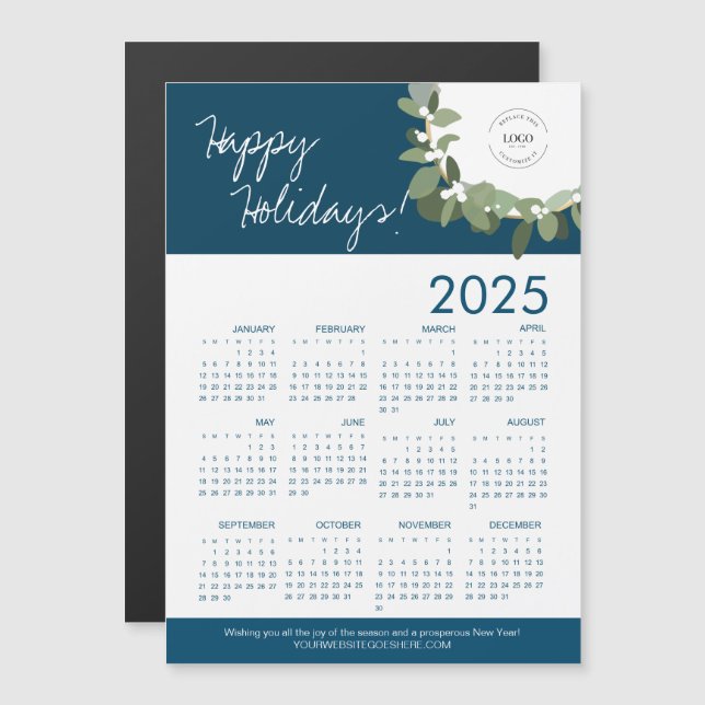 Blue Modern Wreath Your Logo hier - Kalender 2025 Magnetkarte (Vorne/Hinten)