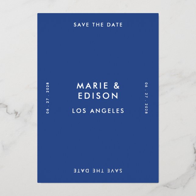 Blue ModernMinimalist Simple Wedding Save the Date Folieneinladung (Vorderseite)