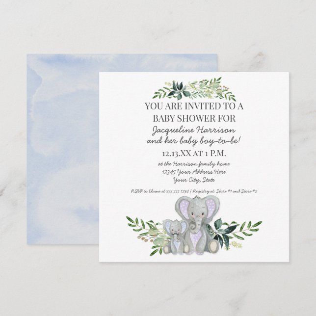 Blue Mommy n Baby Elephant w Foliage Boy Shower Einladung (Vorne/Hinten)