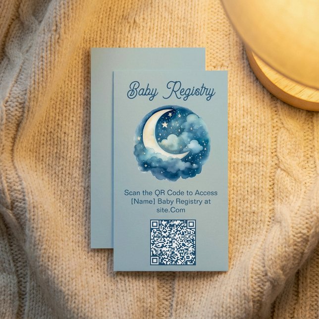 Blue Mond und Stars Baby Dusche QR Code Registrier Begleitkarte (Blue moon and stars baby shower QR Code Registry Enclosure Card.)