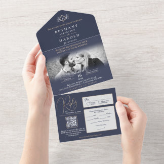 Blue Monogram All in One Wedding Invite Einladung