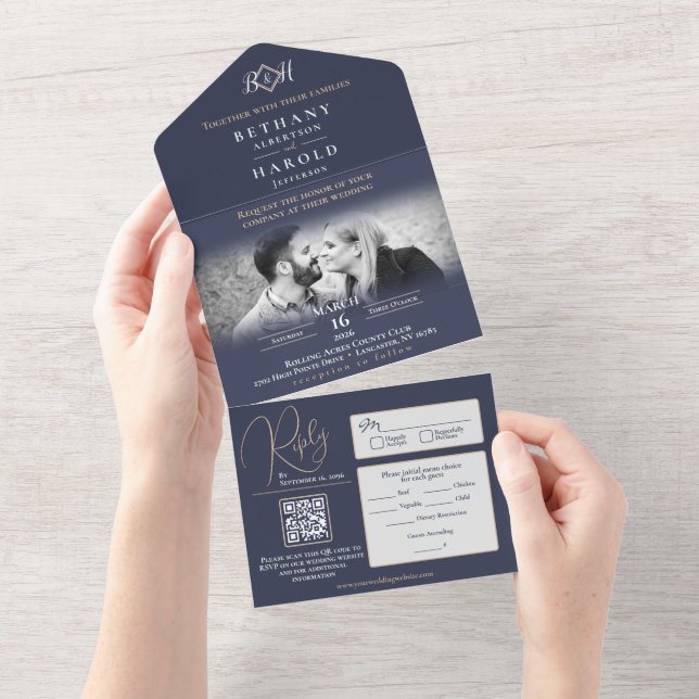Blue Monogram All in One Wedding Invite Einladung (Abreißtisch)