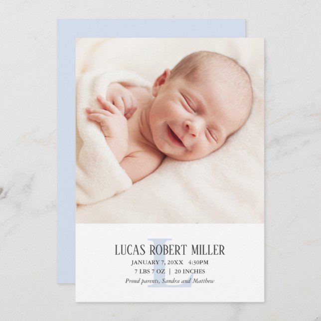Blue Monogram Baby Birth Announcement Foto Card Ankündigung (Vorne/Hinten)