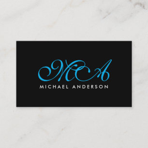 Blue Monogram Elegant Script Black Background Visitenkarte