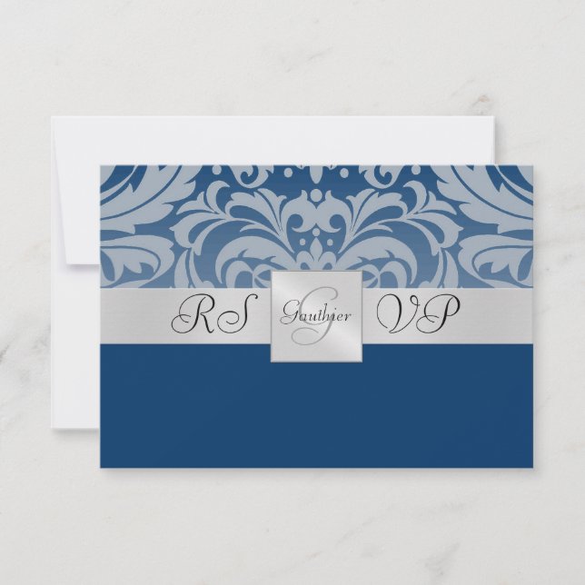 Blue Monogram Half Damask UAWG Repitation RSVP Karte (Vorderseite)