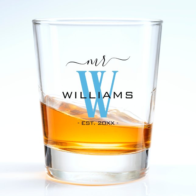 Blue Monogram Husband Groom Mr Wedding Jubiläum Schnapsglas (blue monogram Mr. shot glass for a husband / groom)