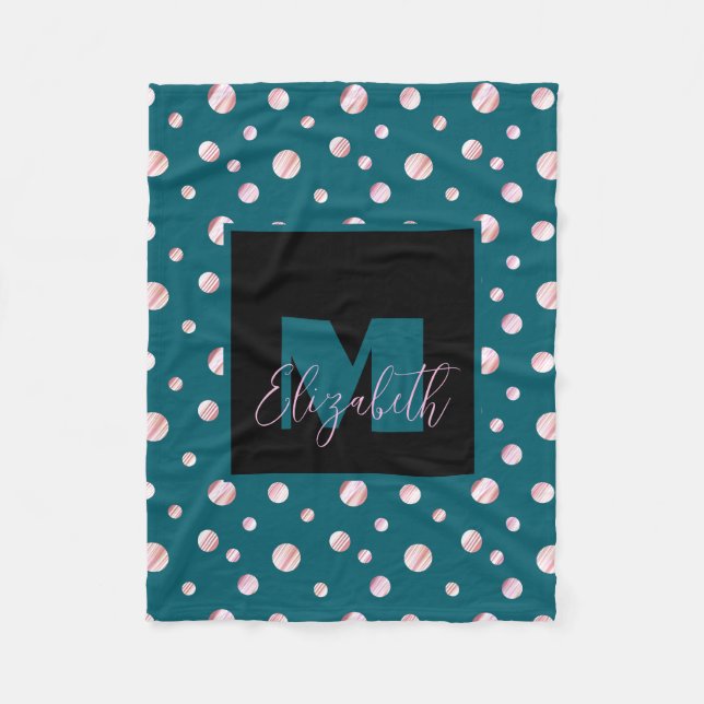 Blue Monogram Individuelle Name Polka Dots Geometr Fleecedecke (Vorderseite)