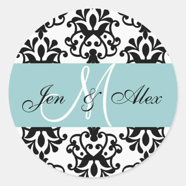 Blue Monogram Names Damask Wedding Siegel Runder Aufkleber (Vorderseite)