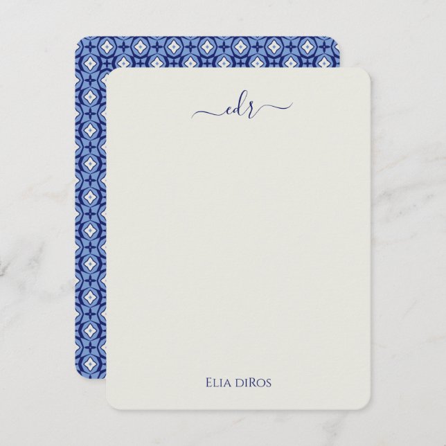 Blue Monogram Note Card Mitteilungskarte (Vorne/Hinten)