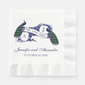 Blue Monogram Peacock Wedding Paper Napkins Serviette