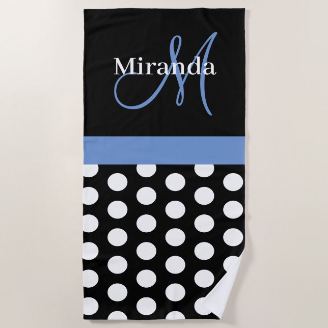Blue Monogram Schwarz-weiß Polka Dot Beach Handtuc Strandtuch (Vorderseite)