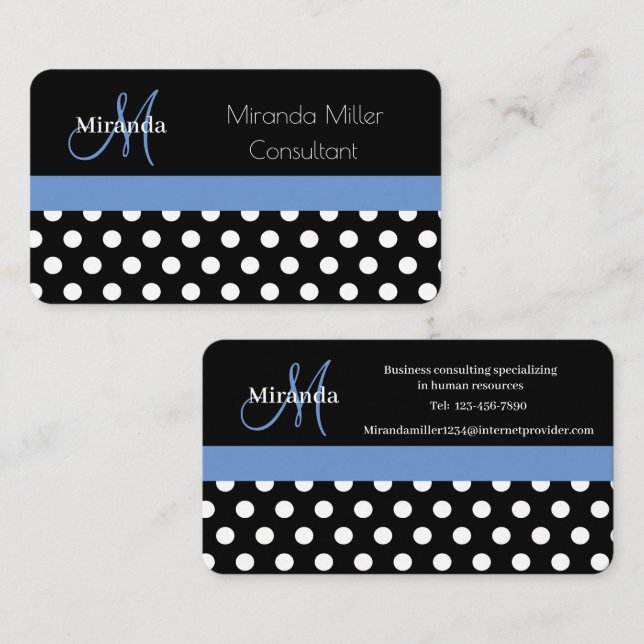 Blue Monogram Schwarz-weiß Polka Dot Business Card Visitenkarte (Vorne/Hinten)