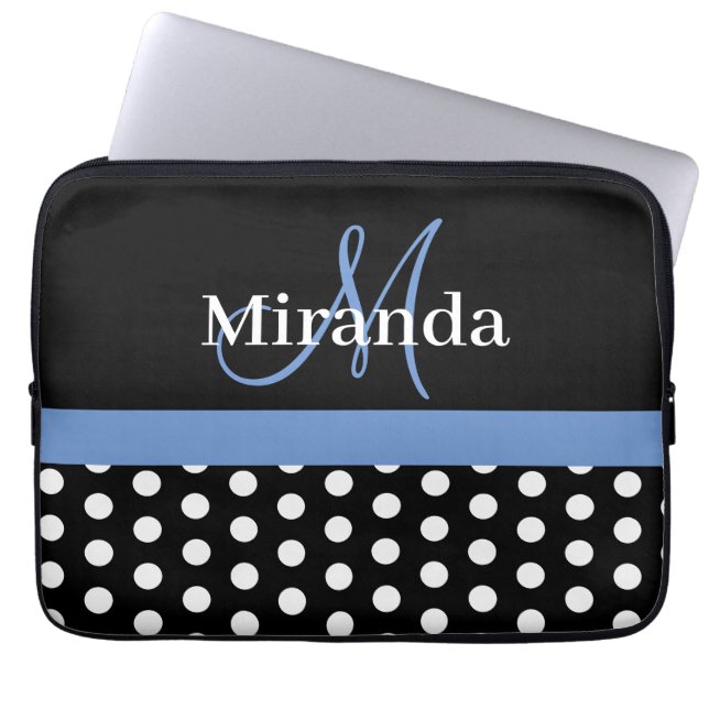 Blue Monogram Schwarz-weiß Polka Dot Laptopschutzhülle (Vorderseite)