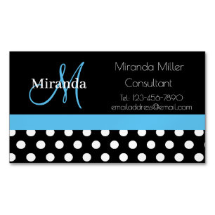 Blue Monogram Schwarz-weiß Polka Dot Magnetische Visitenkarte
