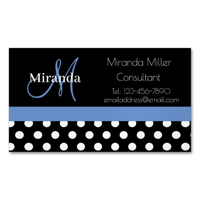 Blue Monogram Schwarz-weiß Polka Dot Magnetische Visitenkarte (Vorderseite)