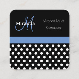 Blue Monogram Schwarz-weiß Polka Dot Quadratische Visitenkarte