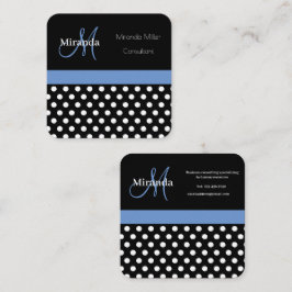 Blue Monogram Schwarz-weiß Polka Dot Quadratische Visitenkarte