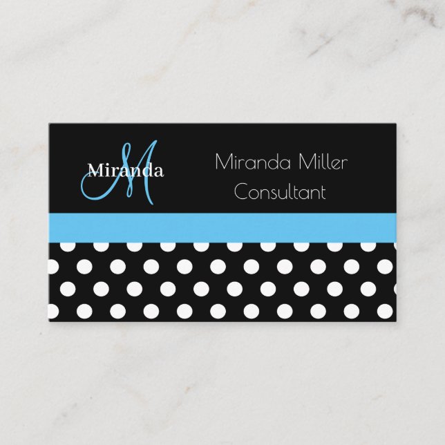 Blue Monogram Schwarz-weiß Polka Dot Visitenkarte (Vorderseite)