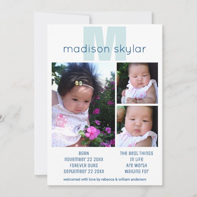 Blue Monogram Simple Adoption 3 Foto Collage Ankündigung (Vorderseite)