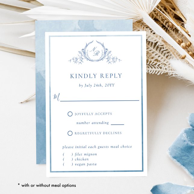 Blue Monogram und Watercolor Elegante Wedding UAWG RSVP Karte (Von Creator hochgeladen)