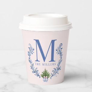 Blue Monogram Wappen mit Weihnachtsbaum Pappbecher