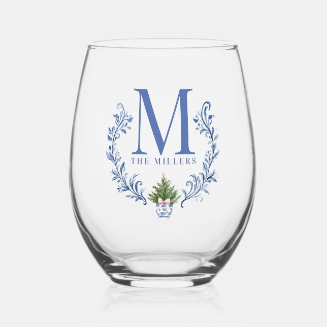 Blue Monogram Wappen mit Weihnachtsbaum Weinglas Ohne Stiel (Vorderseite)