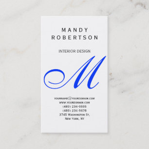 Blue Monogram White Interior Design Business Card Visitenkarte