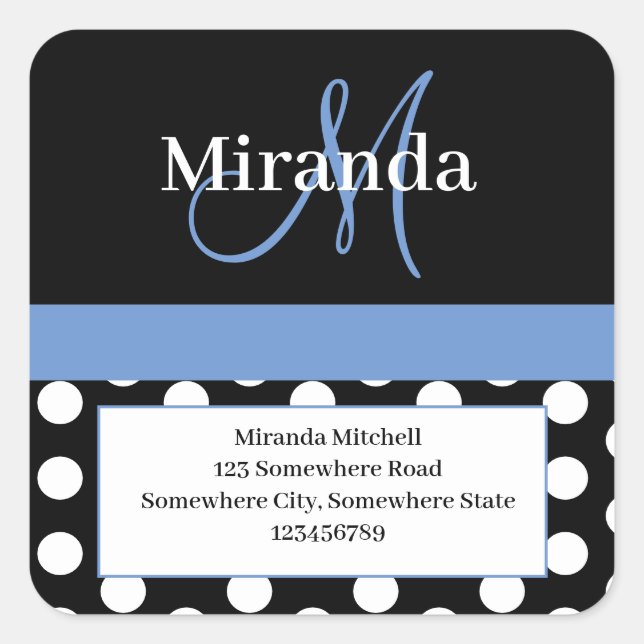 Blue Monogram White Polka Dot Rücksendeadresse Quadratischer Aufkleber (Vorderseite)