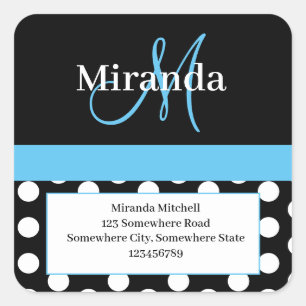 Blue Monogram White Polka Dot Rücksendeadresse Quadratischer Aufkleber
