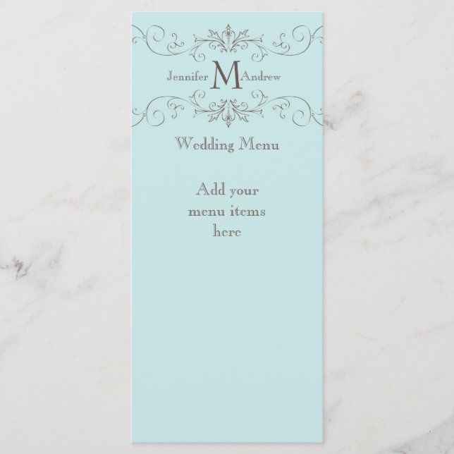 Blue Monogram Wirbel Wedding Menu Cards Menükarte (Vorderseite)