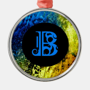 Blue Monogramy B auf Gold, Blau und Schwarz Ornament Aus Metall