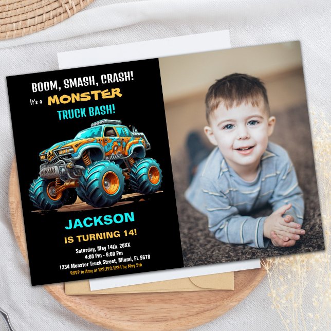 Blue Monster Truck Birthday Einladungen Foto (Blue Monster Truck Birthday Invitations Photo)