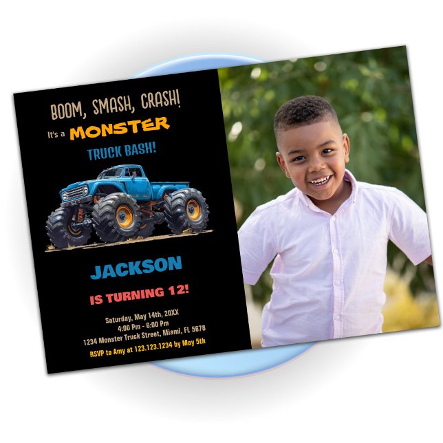 Blue Monster Truck Birthday Einladungen Foto (Blue Monster Truck Birthday Invitations Photo)
