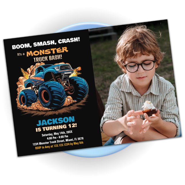 Blue Monster Truck Birthday Einladungen Foto (Blue Monster Truck Birthday Invitations Photo)